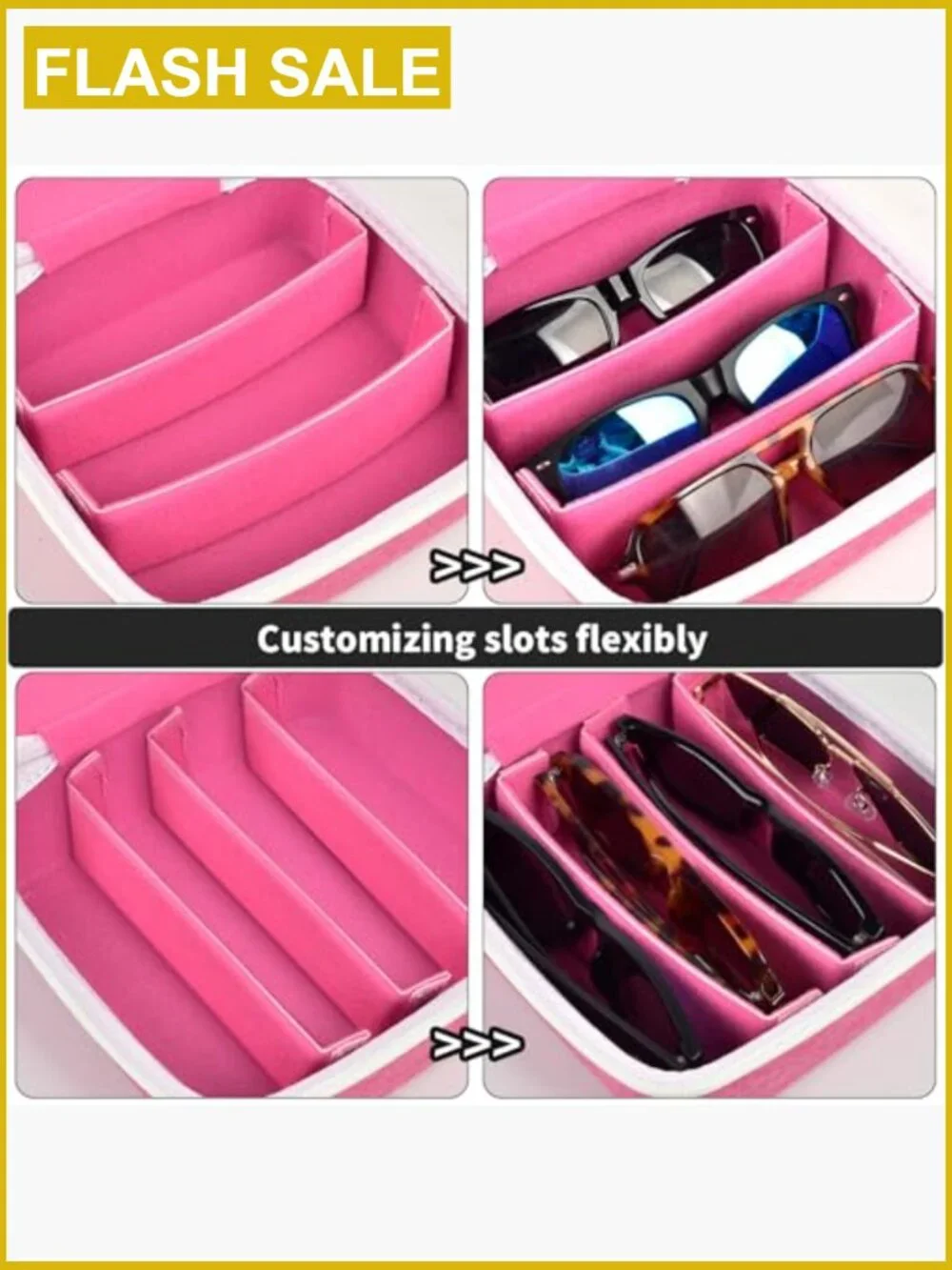 Hard EVA Travel Sunglass Case, Holds 4 Pairs, Adjustable Dividers